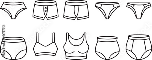 A minimalist line art illustration of various underwear and swimwear styles arranged in two rows.
