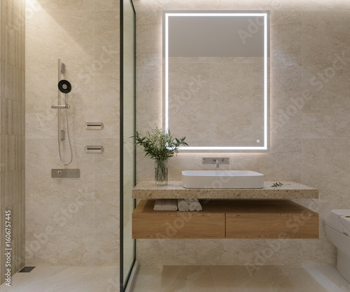 A modern and minimalist bathroom design featuring a floating wooden vanity with natural travertine countertop, a sleek ceramic vessel sink, and a wall-mounted faucet.