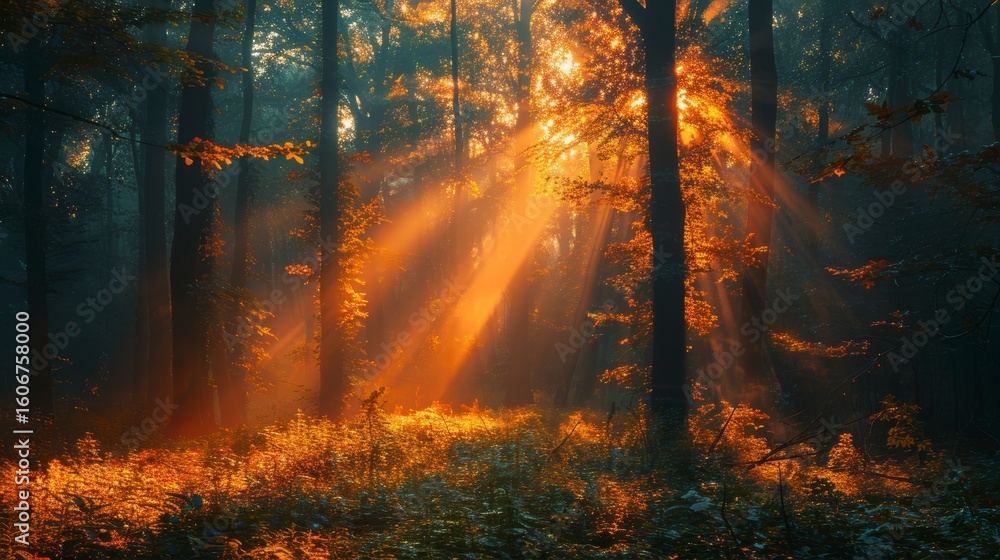 Naklejka premium Sunbeams pierce through autumn forest foliage, creating a warm, hazy, and ethereal light