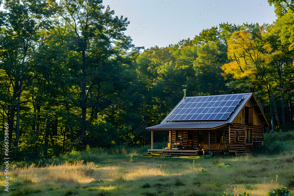 Obraz premium Solar panels glistening in morning sun outside