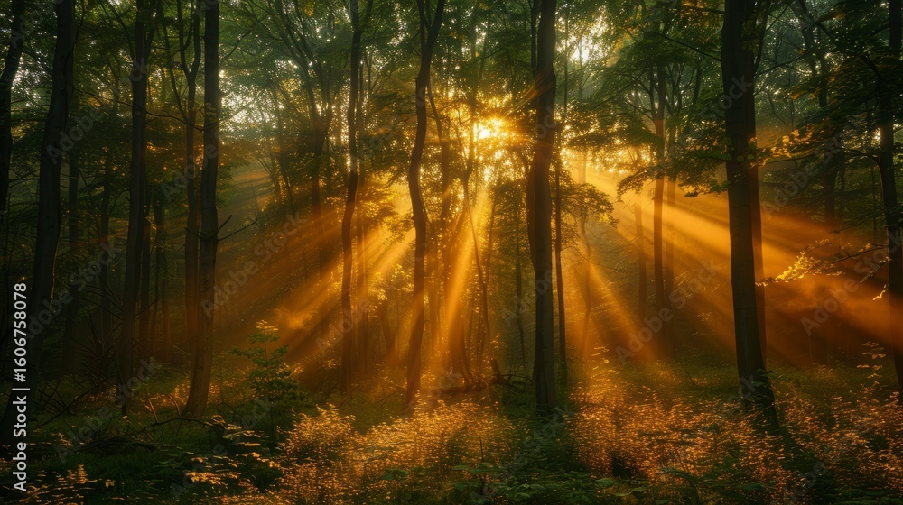 Fototapeta premium Sunbeams burst through lush, green forest trees, creating a warm, ethereal atmosphere