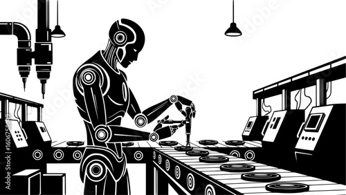 Advanced robot assembling components on a busy factory production line, isolated on white background