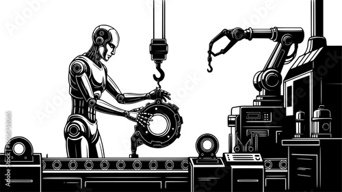 Humanoid robot working on an assembly line in a factory, utilizing advanced automation and technology for production