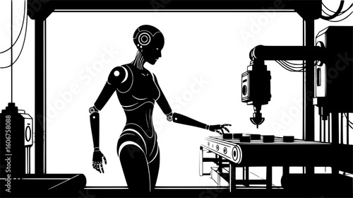 Humanoid robot interacting with a conveyor belt on a factory floor, showcasing automation in manufacturing