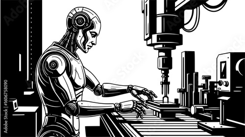 Closeup of a humanoid robots hands operating machinery on a factory assembly line