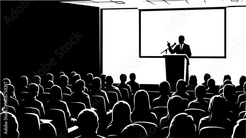 Speaker addressing an audience during a presentation in a conference hall