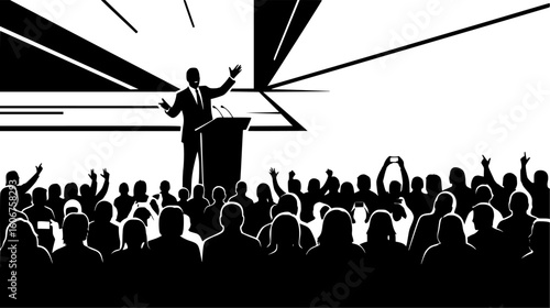 Speaker addressing a cheering crowd from a podium, conveying a message with animated gestures