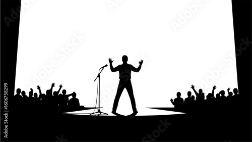 Performer on stage with microphone, bathed in spotlight, engaging with an enthusiastic audience