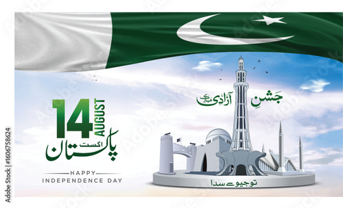 78th Happy Independence Day and Pakistan Different Cities Monuments in Background.14 August - Independence day of Pakistan.
Translated: Jashan Azadi Mubarak