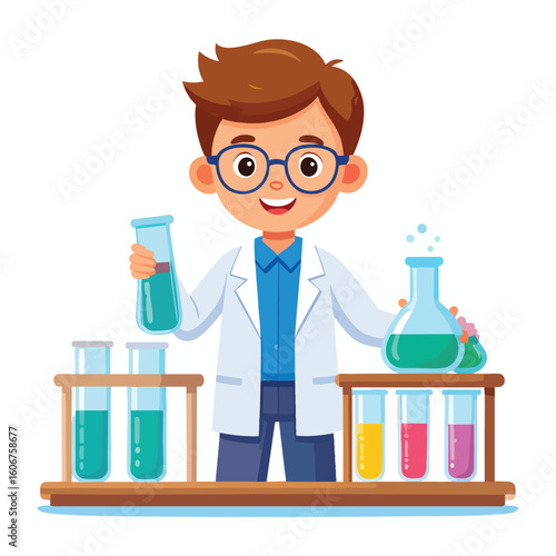 Smiling boy scientist conducts experiments with colorful liquids in test tubes and beakers.