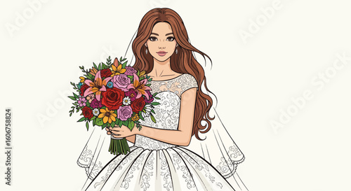 Elegant bride holding wedding bouquet with red roses and lilies.  Bride in white dress with lace bodice and long brown hair holds beautiful flowers.