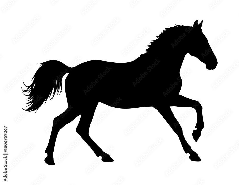 Obraz premium Black silhouette of a running horse suitable for equestrian designs, logos, sports branding, ranch businesses, or nature themed projects.