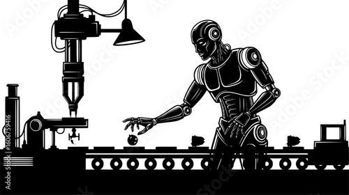 Robot arm performing a task on an assembly line in a factory, isolated on white background