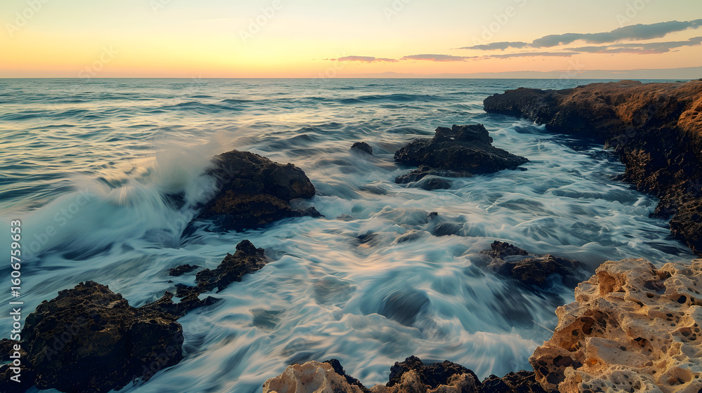 Obraz premium Waves gently washing over rocky coastal cliffs