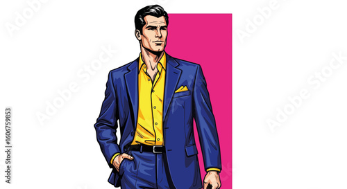 Man in suit on white background in bright colors. Male model in blue suit and yellow shirt posing, fashion studio shot, highlighting a powerful and charismatic image.