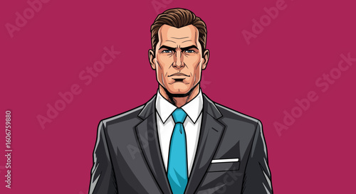 Serious man in suit with tie presents a confident pose, embodying business professionalism. Serious man, dressed in formal attire, demonstrates power and control. Projecting an image of competence,