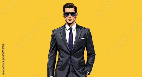 Stylish man in suit on bright yellow backdrop. Man in suit confidently posing in sleek attire, adding visual depth, sunglasses enhance the composition.