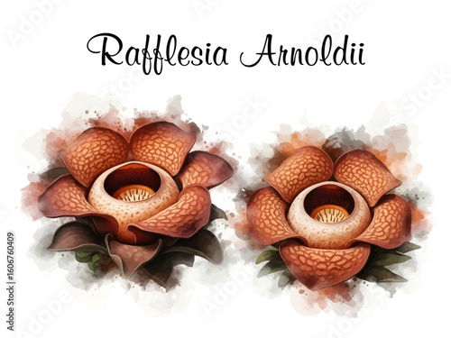 "Rafflesia Arnoldii Watercolor Illustration – Exotic Parasitic Flower Art with Soft Splash Background"