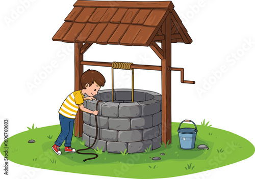Cartoon boy pulling water from stone well using rope and bucket in outdoor scene, great for education and storytelling projects