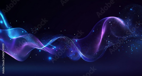 Abstract background. Digital technology and big data elements in the form of lines, dots, and waves on a dark blue gradient.