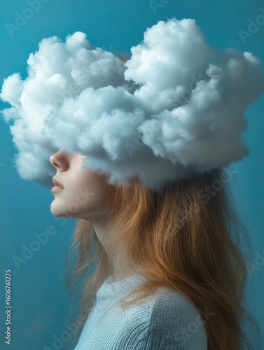 Young woman with her head in the clouds. Concept of depression, loneliness, and mental health. Theme of psychology, dreaming, and racing thoughts. Memory loss and dementia, Generative AI