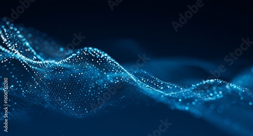 Abstract background. Digital technology and big data elements in the form of lines, dots, and waves on a dark blue gradient.