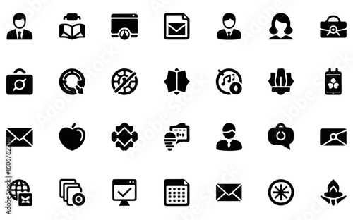 Flat Black Business & Communication Icon Set – Solid Vector Glyph Icons for Web & UI