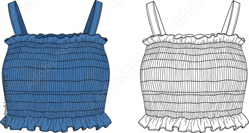 Sleeveless ruffled top illustration, blue and outline garment vector, shirred straps blouse design, casual summer clothing template, fashion apparel sketch, stylish unisex wear