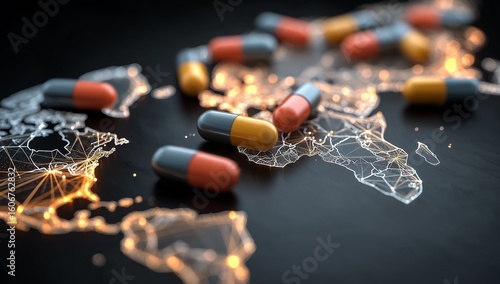 Pills on world map with digital network connections, international healthcare and pharmaceutical business concept