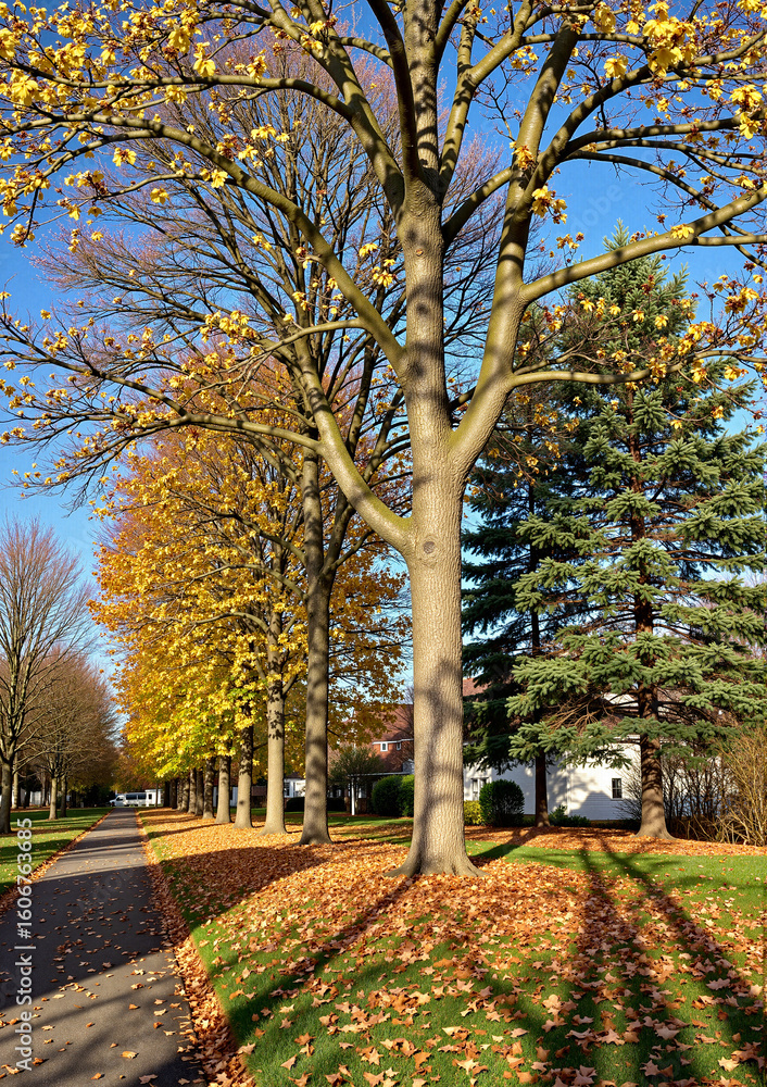 Naklejka premium Autumn trees with colorful leaves and shadows along a sidewalk