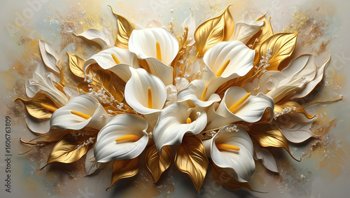 An elegant bouquet of white calla lilies and shimmering golden leaves, a luxurious floral arrangement with a 3D effect.
