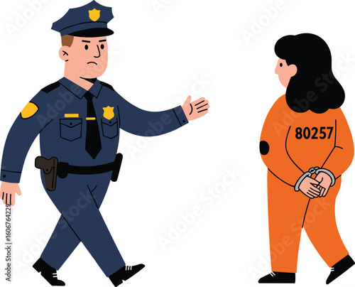 Police officer escorting female prisoner in handcuffs, law enforcement arrest scene, criminal justice concept, jail inmate and cop illustration