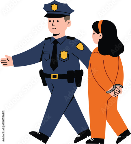Police officer walking with arrested woman in handcuffs, crime and punishment concept, law enforcement and justice system illustration scene