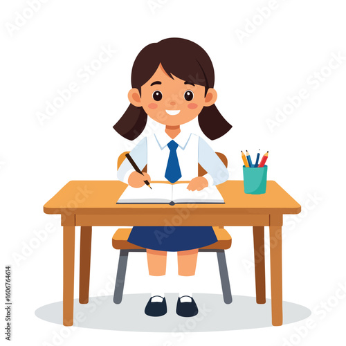 Smiling schoolgirl diligently writing in notebook at her desk.
