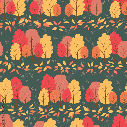 Seamless pattern, autumn trees, nature. Vector illustration.