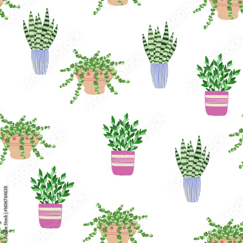 Seamless pattern of indoor plants in pots on a white background. Vector illustration.