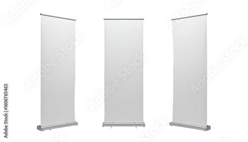 Photo of Three Tall White Retractable Banners with Silver Poles and Black Bases – Transparent Background