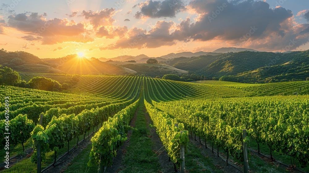 Fototapeta premium Vineyard rows stretch to hills under a sunset, sunbursting through clouds