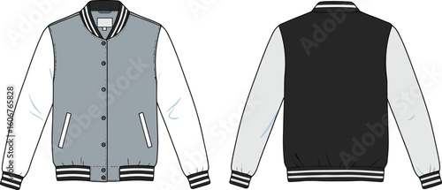 Classic varsity baseball jacket front and back view, trendy unisex bomber outerwear design, stylish sportswear apparel template, detailed flat vector illustration