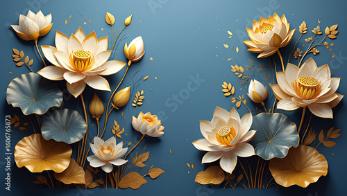 Elegant botanical illustration of white and gold lotus flowers and leaves artfully arranged on a serene blue background.