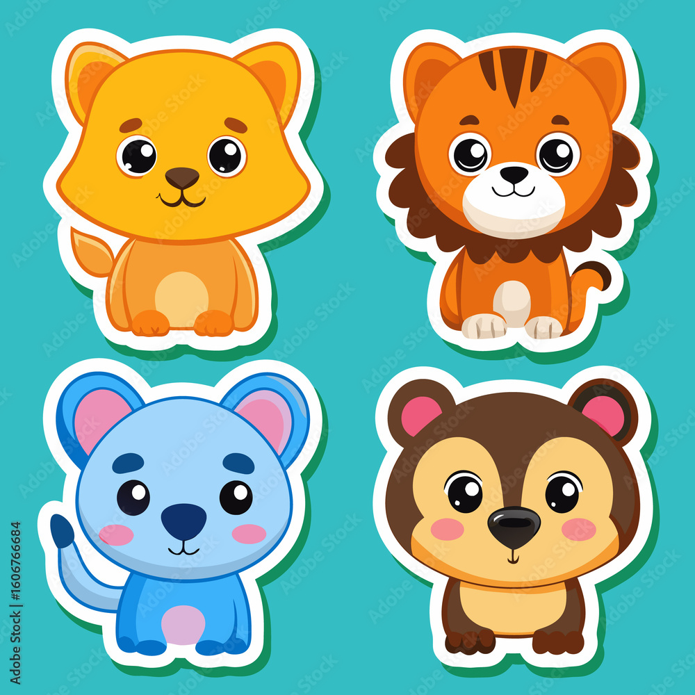 Fototapeta premium Four Cute Cartoon Animals in Stickers.