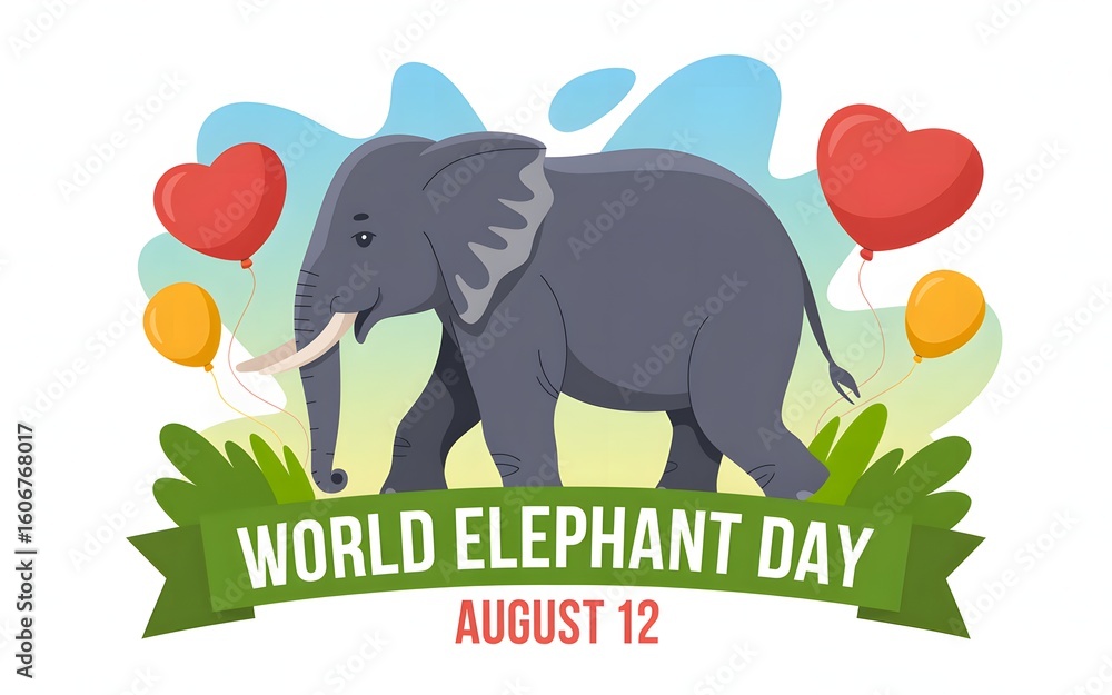 Obraz premium Happy world elephant day celebration with balloons and greenery