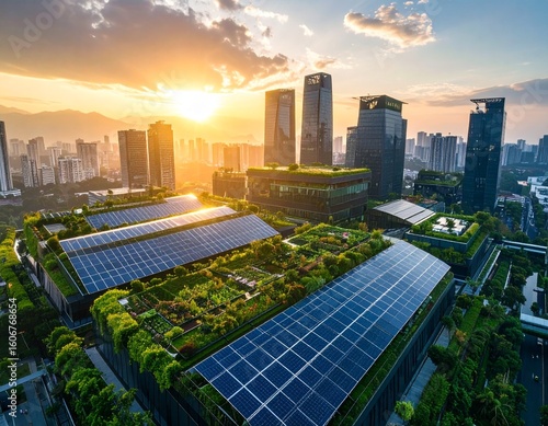 Sustainable Futuristic City with Green Rooftops and Clean Energy – Aerial Sunrise Photorealistic View