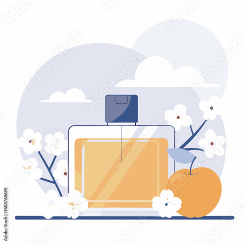 Flakon perfum z nutami kwiatowymi i owocowymi. Koncepcja luksusowego zapachu i naturalnych składników.