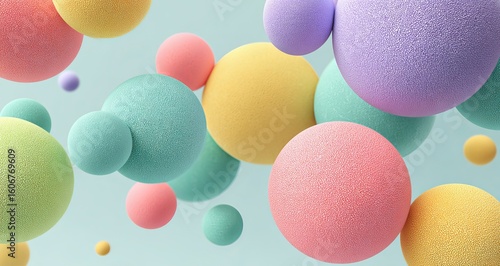 Abstract background with colorful spheres and copy space on a pastel gradient, a minimal concept. 3D rendering illustration, high-resolution photography, stock photo, commercial art style