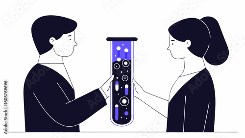 Two diverse businesspeople examining a test tube filled with data icons instead of liquid, blending science and analytics, futuristic vector, white background.