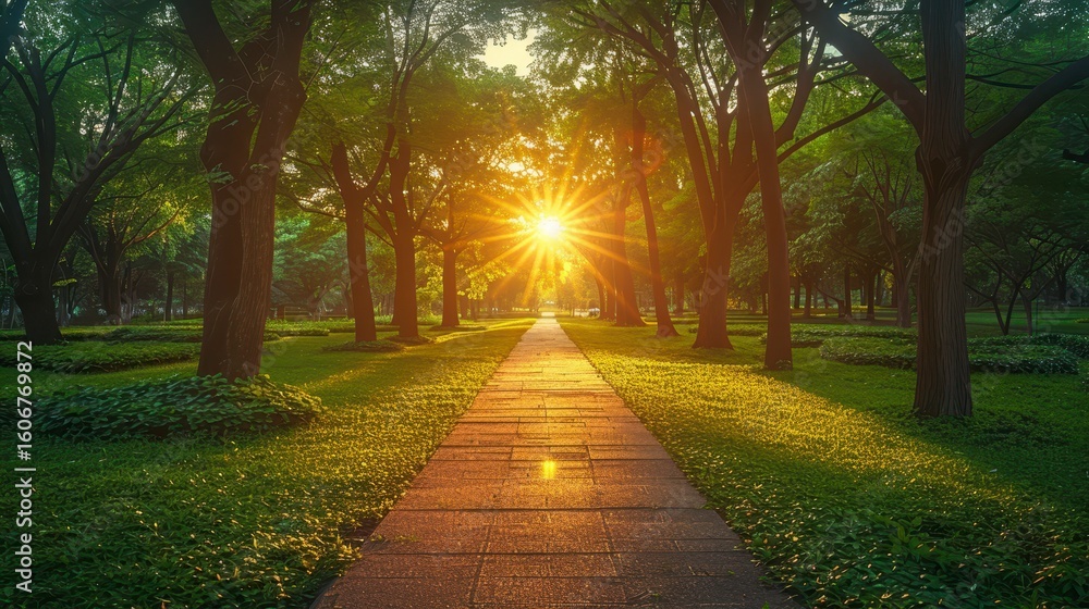 Obraz premium Path through trees to the sun; light dappled on the ground, warm and inviting