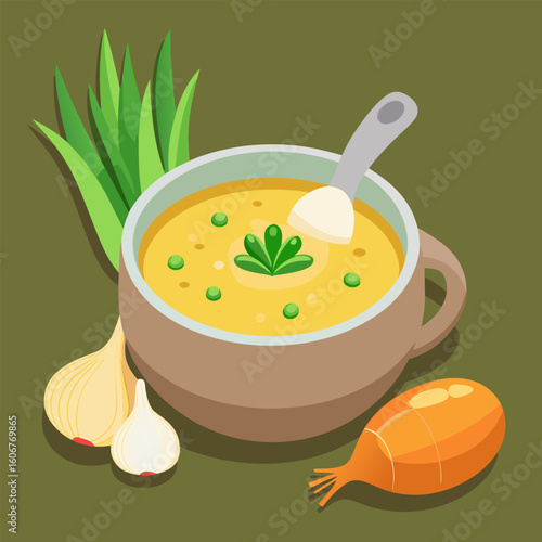 Creamy pea soup in a bowl with garnishes. A spoon lifts a portion of the soup. complete with fresh herbs.