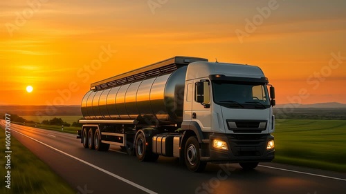 Wallpaper Mural Rural delivery truck service. White tanker truck driving on highway at sunset with glowing sky and green fields, vehicle transportation on road Torontodigital.ca