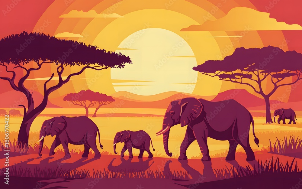 Fototapeta premium African savanna landscape with elephants at sunset